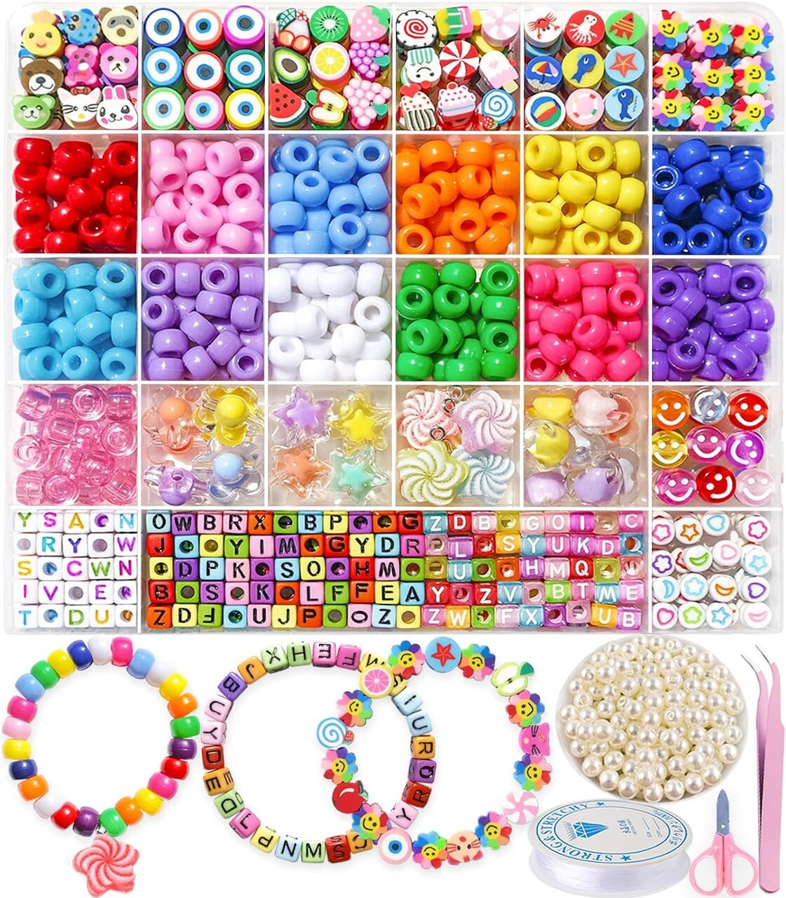 Bead Bracelet Making Kit, Friendship Bracelets Making Beads Kit, Pony Beads Charms Beads Clay Flower Letter Beads for Jewelry Making Kit, DIY Arts and Crafts Gifts for Girls Age 6 7 8 9 10-12